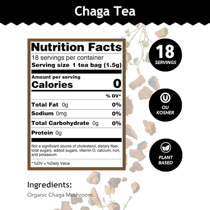 Buddha Teas - Chaga Tea - Organic Herbal Tea - For Cognitive Balance & Overall Health - With Chaga Mushroom, Antioxidants & B Vitamins - Caffeine Free - OU Kosher - 18 Tea Bags (Pack of 1)
