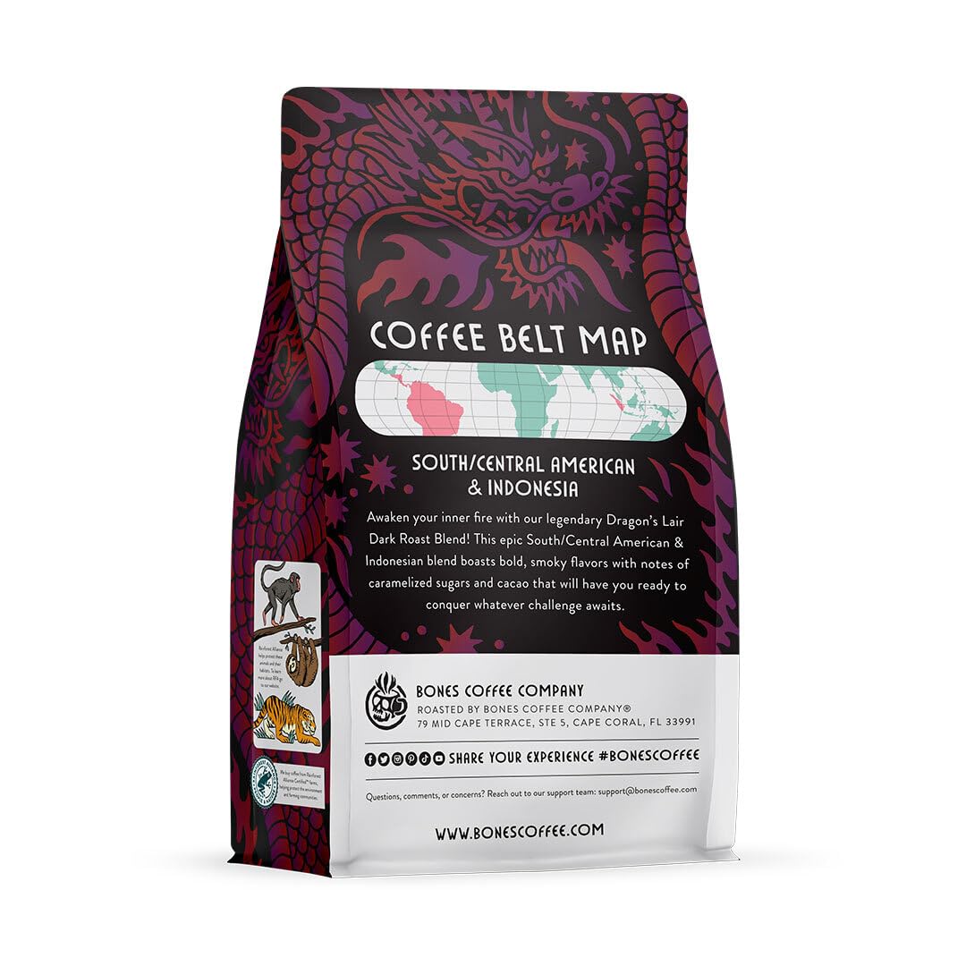 Bones Coffee Company Dragon's Lair, Smokey, Cacao and Caramelized Sugar Notes, Unflavored Coffee, Medium Roast Low Acid Arabica Beans Compatible with Auto drip and French Press Coffee Maker, 12 Oz Ground