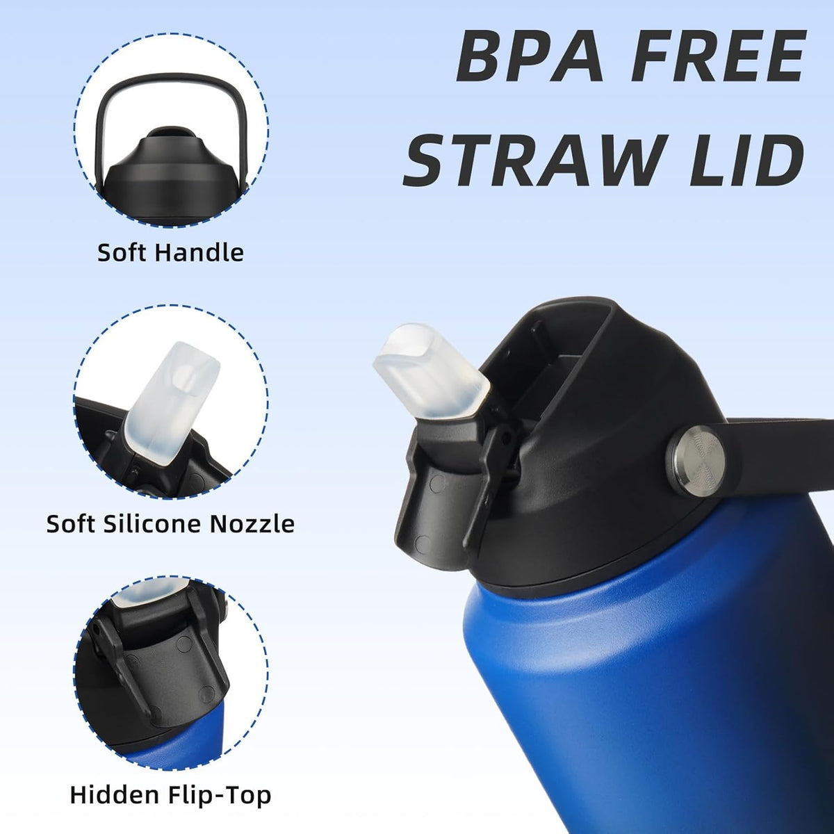 BJPKPK Water Bottle with Straw Lid, 32oz Vacuum Insulated Water Bottles, Metal Stainless Steel Thermos for Sports, Travel, BPA Free Leak Proof Thermos, Cups, Flasks, Tumblers,Black Blue