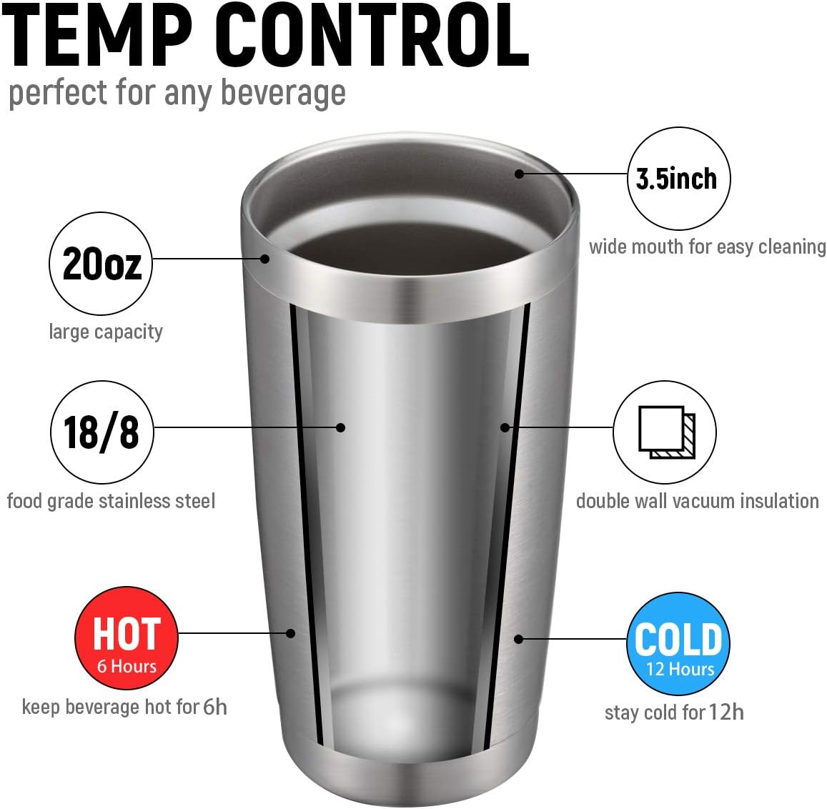 COMOOO 20oz Double Wall Vacuum Insulated Travel Mug, Stainless Steel Tumbler with Lid and Straw Durable Powder Coated Insulated Coffee Cup for Cold & Hot Drinks (Silver. 2 pack
