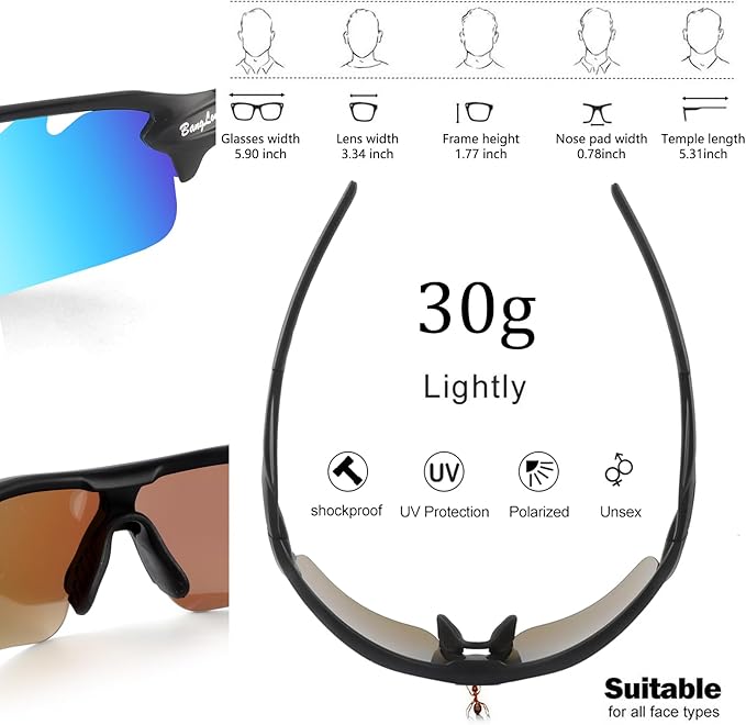 BangLong Polarized Sports Sunglasses Cycling Sun Glasses for Men Women with 5 Interchangeable Lenes for Running Baseball Golf