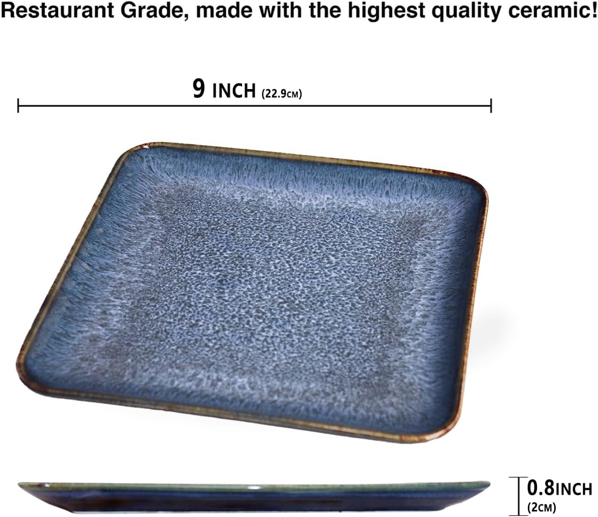4-piece ceramic dinner plate set, suitable for steak, pasta and pizza, microwave- and dishwasher-safe, scratch-resistant, blue 9-inch square dinner plate