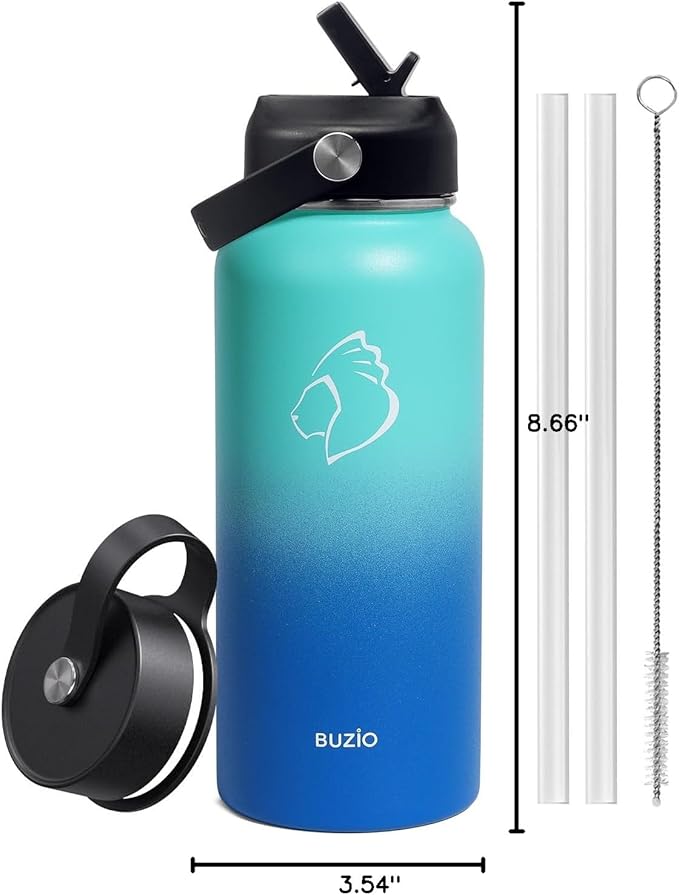 BUZIO Stainless Steel Water Bottle (Cold for 48 Hrs, Hot for 24 Hrs), 32 oz Vacuum Insulated Water Bottle with Straw Lid and Flex Cap (Double Wall, Wide Mouth, BPA Free, Leak Proof), Caribbean Blue