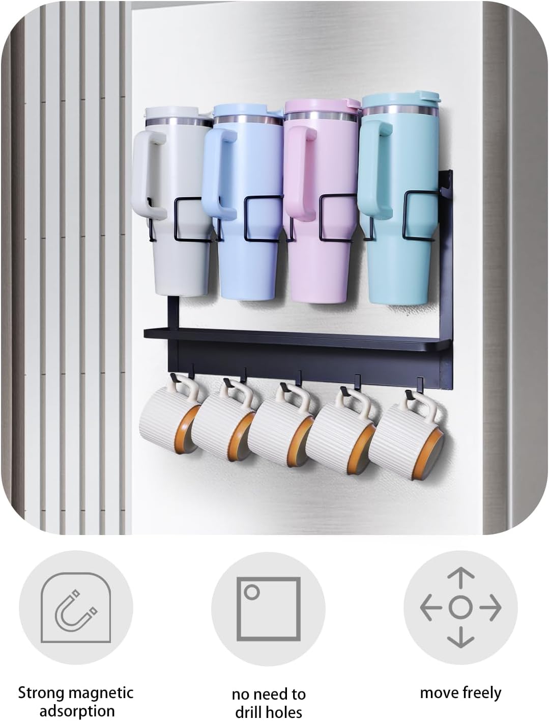 Multi-functional Magnetic Cup Holder ,Space Optimization Solution ,Suitable for Large Tumblers and Daily Items, Equipped with Drip Tray and Hooks, accommodates cups up to 40 oz,holds up to 40 lbs
