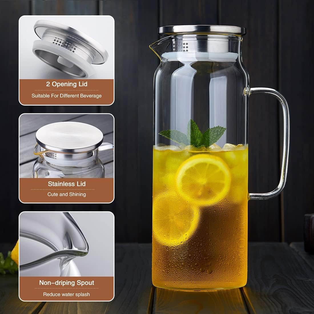 53OZ Glass Pitcher with Lid and Spout, Water Jug, 1580ml Carafe for Hot/Cold Water, Large Iced Tea Pitcher for Coffee, Juice and Homemade Beverage