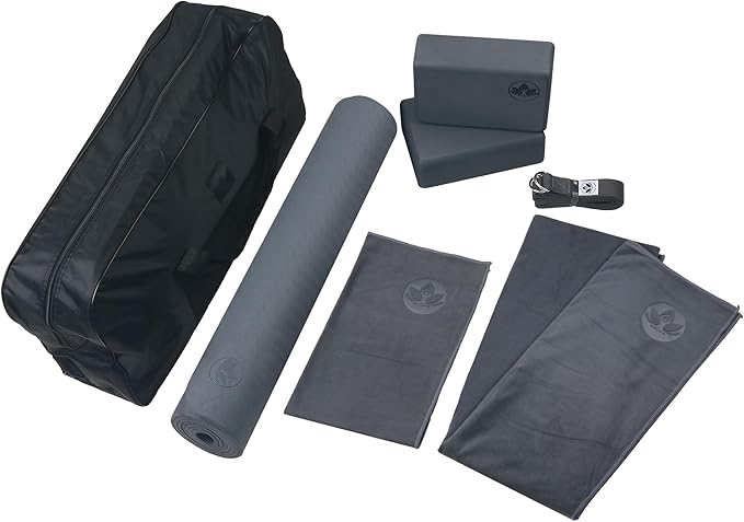 Clever Yoga - 7 Piece Yoga Kit for Women & Men, 6mm Cushioned Mat, 2 Blocks, Strap, Mat and Hand Towels & Carrying Bag - Starter Yoga Set, Accessories & Equipment for Home Workout