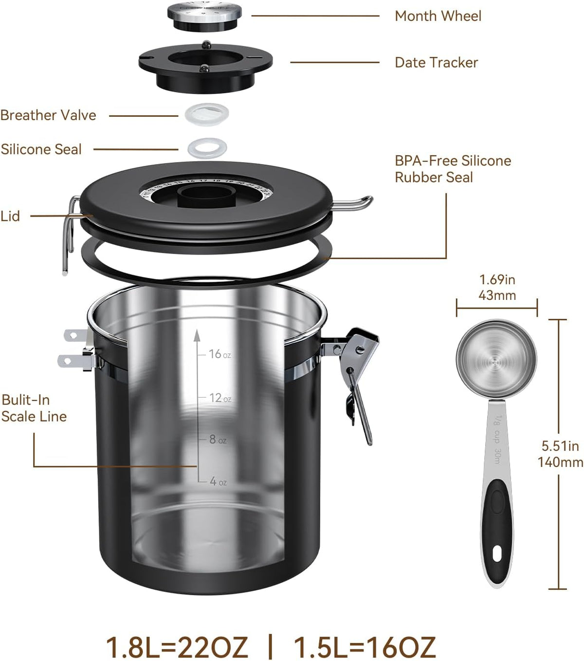 Coffee Canister With Window,16oz Stainless Steel Airtight Coffee Bean Storage Grounds Container with Date Tracker and Scoop,Grounds Kitchen Food Canister Jar for Beans,Tea,Sugar,Flour,Cereal