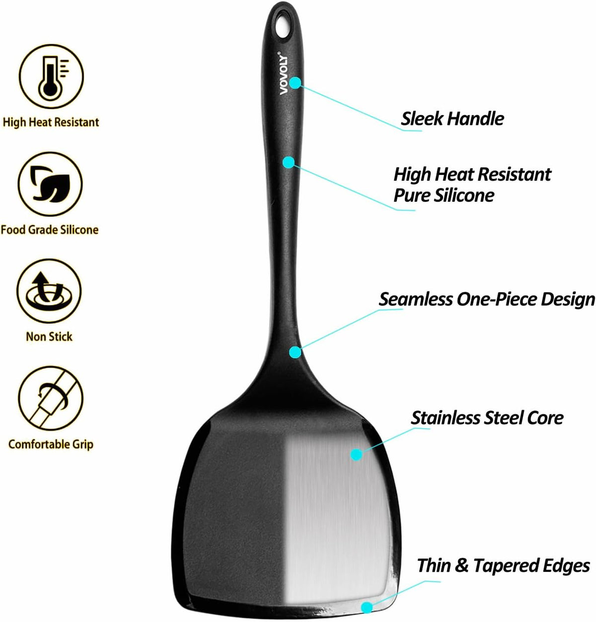 Large Size Silicone Spatula Set, 600°F Heat Resistant Silicone Spatula Turner Flipper for Cooking, Non Stick and Non Scratch Kitchen Utensils for Eggs & Pancakes, 2-Pack, Black