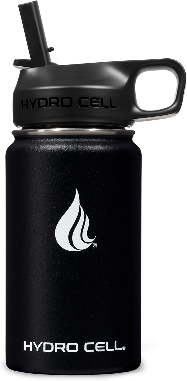 HYDRO CELL Stainless Steel Insulated Water Bottle with Straw - For Cold & Hot Drinks - Metal Vacuum Flask with Screw Cap and Modern Leakproof Sport Thermos for Adults (Black 14oz)