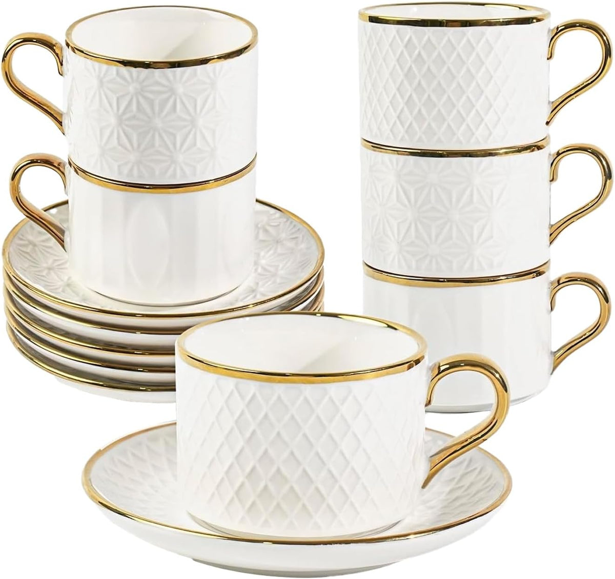 Espresso Cups and Saucers Set of 6, 7 OZ Porcelain Cappuccino Cups with Saucers, Stackable Coffee Mugs for Demitasse, Latte, Cafe, Mocha, Tea, Mother's Day Gift Thanksgiving Christmas Gift Present