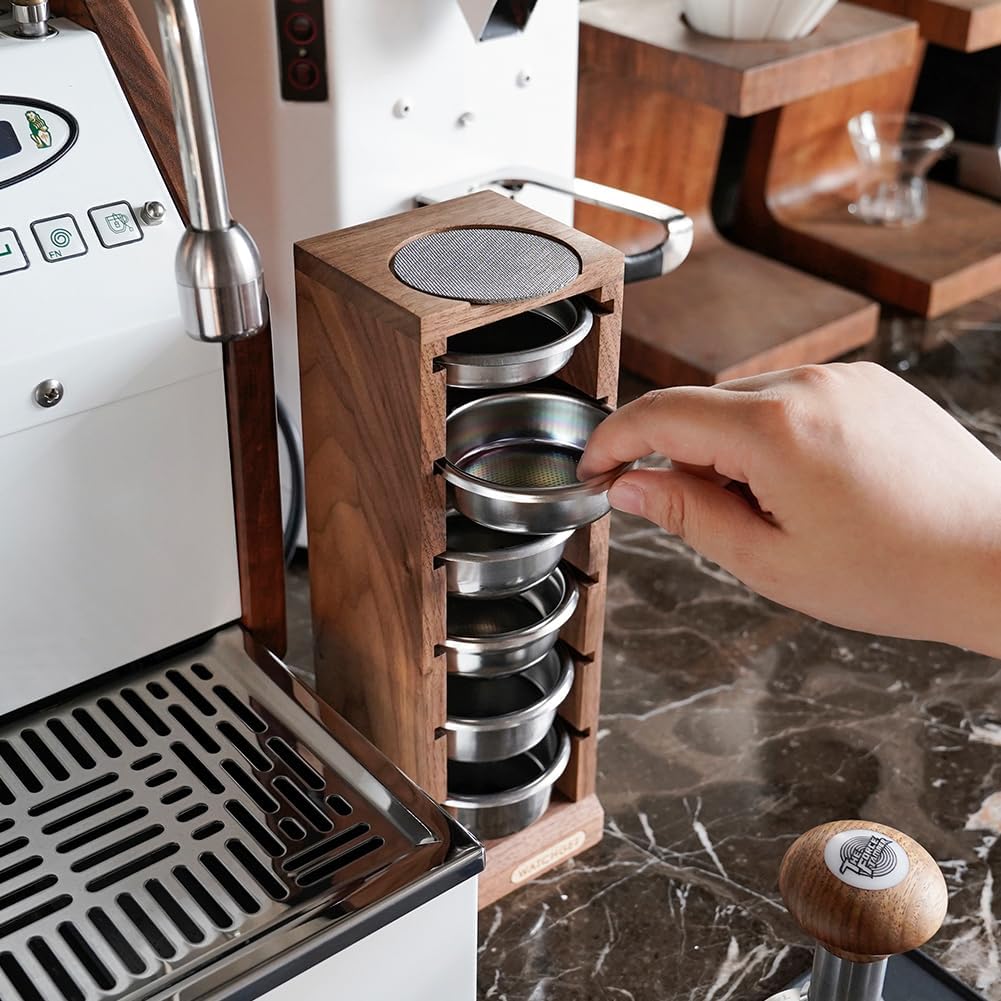 watchget 58mm Espresso Filter Basket Stand, Walnut Wooden Storage Holder for 6Pcs Coffee Baskets and Puck Screens - Espresso Machine Accessories Coffee Station Organizer Rack