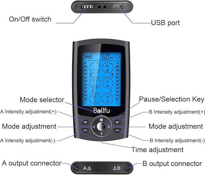 Belifu Dual Channel TENS EMS Unit 24 Modes Muscle Stimulator for Pain Relief Therapy, Electronic Pulse Massager Muscle Massager with 10 Pads, Dust-Proof Drawstring Storage Bag, Fastening Cable Ties