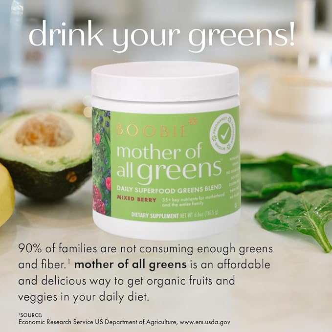 Boobie Mother of All Greens | Your New Family Ritual, Daily Super Greens Powder with 35+ Essential Nutrients for Moms & Families | Vegan, Gluten Free, & Sugar Free | Mango Flavor, 60 svgs
