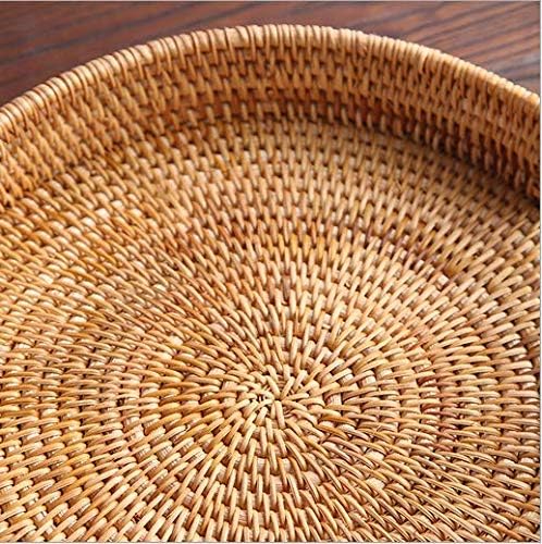YANGQIHOME Rattan Round Serving Tray, Decorative Coffee Table Tray, Hand Woven Serving Basket with Handles, Ottoman Wicker Fruit/Bread Serving Basket, 13.8 inch
