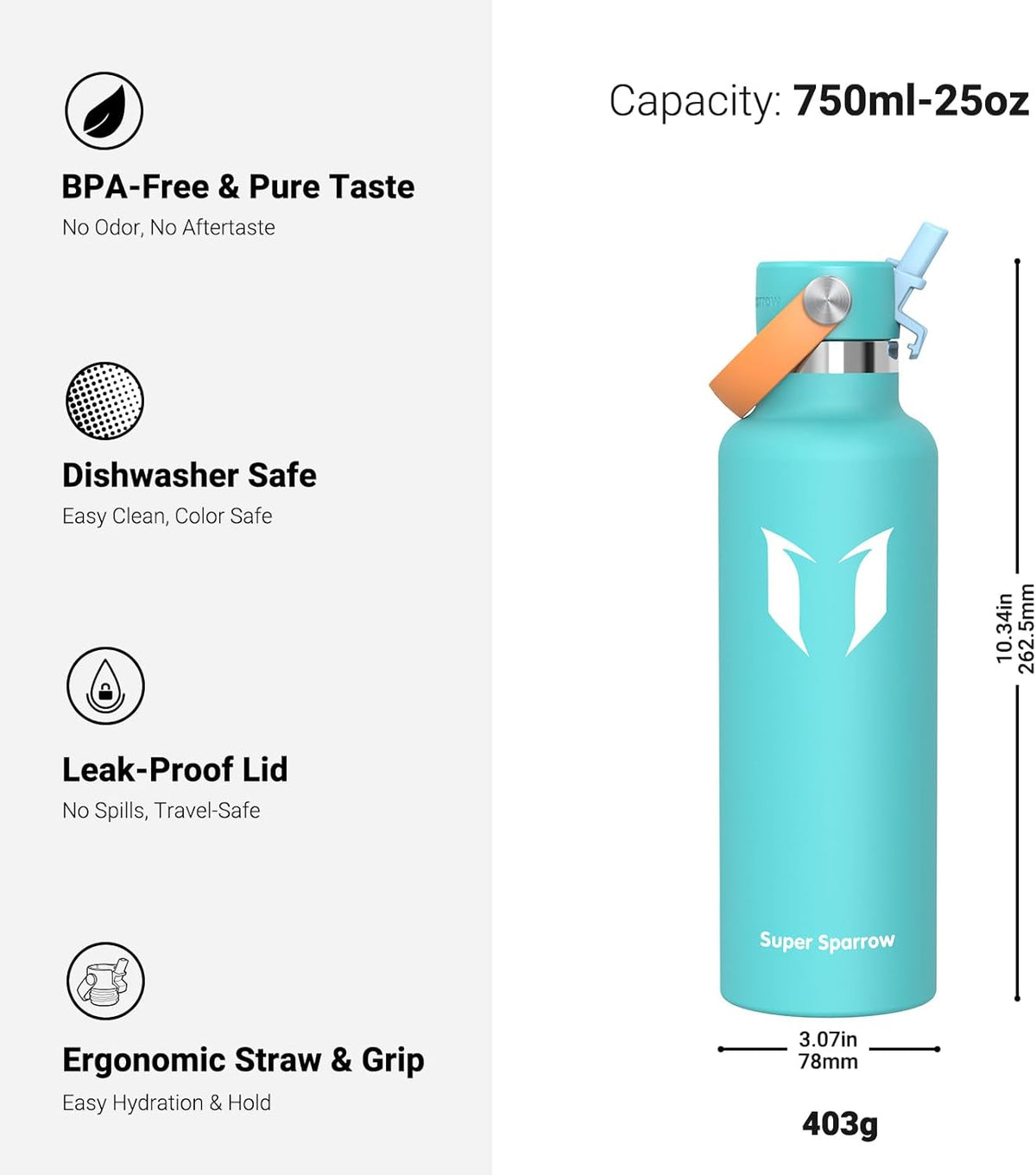 Super Sparrow Insulated Water Bottle - 17 Oz / 25 Oz / 32 Oz - Standard Mouth FlipFlow Flask - BPA Free, Leak Proof Drink Bottle- Ergonomic Straw Water Bottles for Work, Gym, Travel, Sports