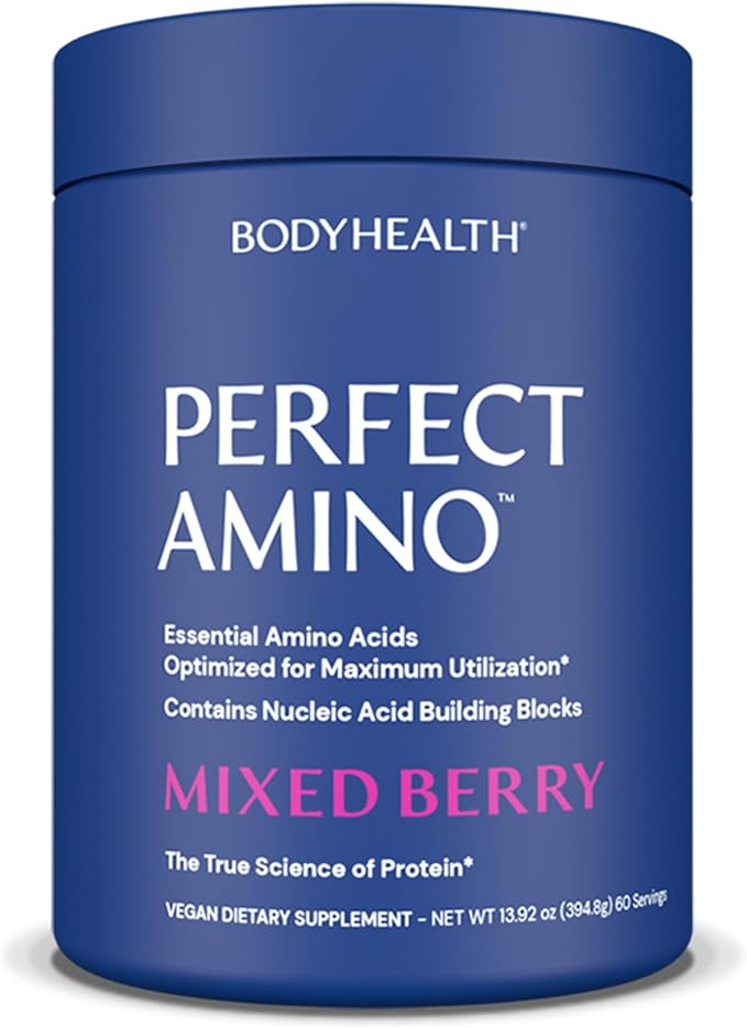 BodyHealth PerfectAmino Powder - BCAA and EAA Powder for Pre and Post Workout - Amino Acid Energy Drink for Men and Women to Support Lean Muscle and Recovery - Mixed Berry - 60 Servings