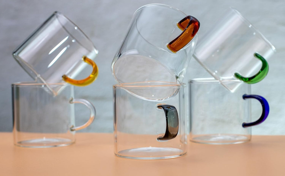 Bacimi® Clear Espresso Cups with Colorful Handles - Set of 6 / 4oz / 120ML - Borosilicate Glass Mugs for Cappuccino, Tea, Latte, & Hot Beverage - Mini Drinking Cups - Microwave Safe