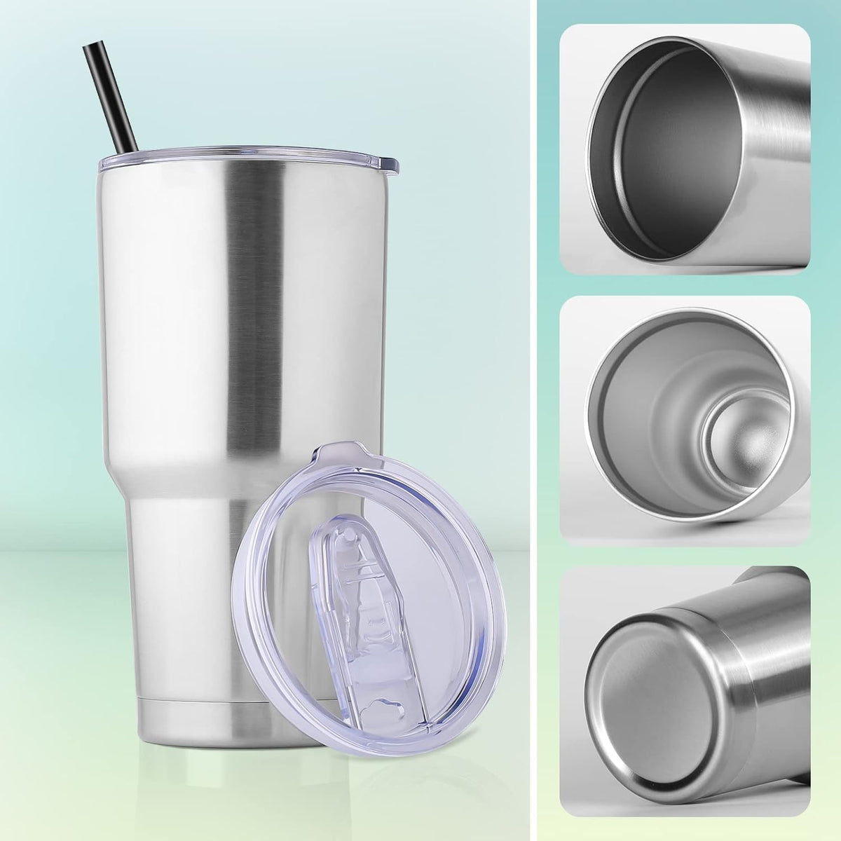 DOMICARE 30 oz Tumbler with Lid and Straw, Stainless Steel Tumblers Bulk, Insulated Vacuum Double Wall Travel Coffee Mug, Durable Powder Coated Tumbler Cups (Stainless Steel, 12)