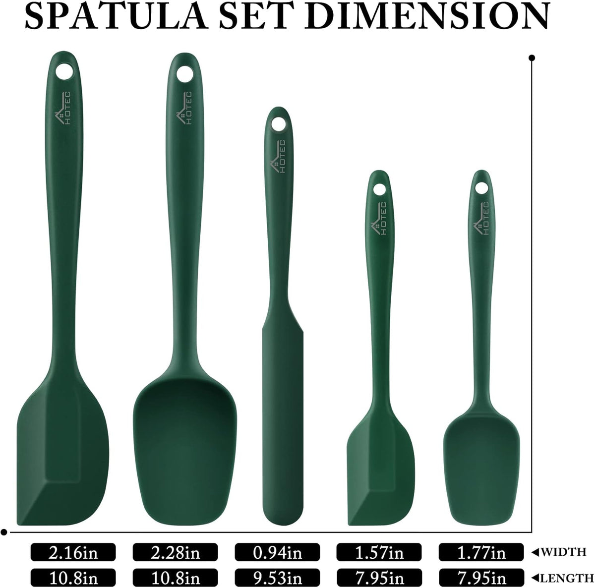 HOTEC 600℉ Heat Resistant BPA-Free Silicone Rubber Spatula Set,Kitchen Cooking Spatulas, Baking, Mixing for Non Stick Cookware, Dishwasher Safe, Dark Green Set of 5