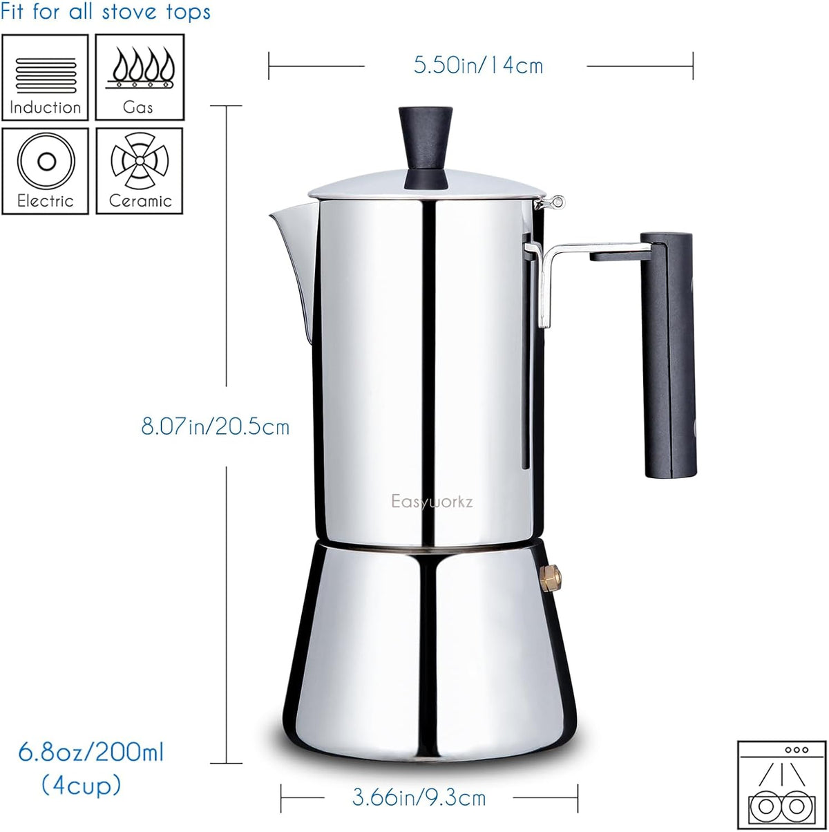 Easyworkz Pedro Stovetop Espresso Maker 4Cup 200ml Stainless Steel Italian Coffee Machine Maker Moka Pot Induction Espresso Pot