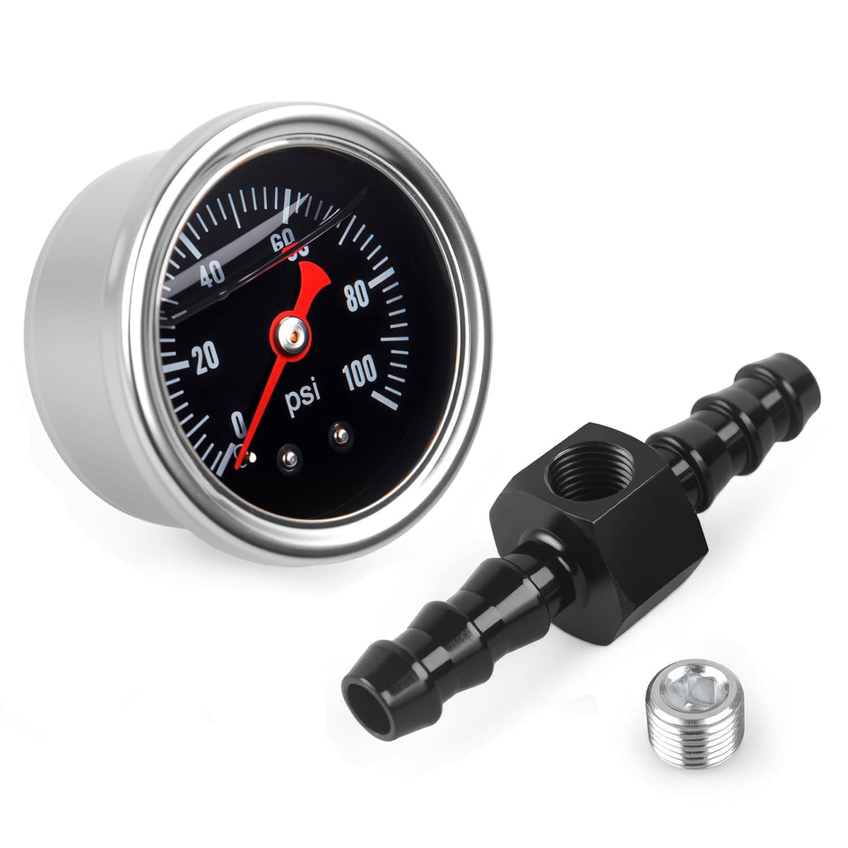 Universal 0-100psi Fuel Pressure Gauge 1/8" NPT Oil Press Gauge with 5/16" Barb Inline Fuel Pressure Gauge Fitting Adapter