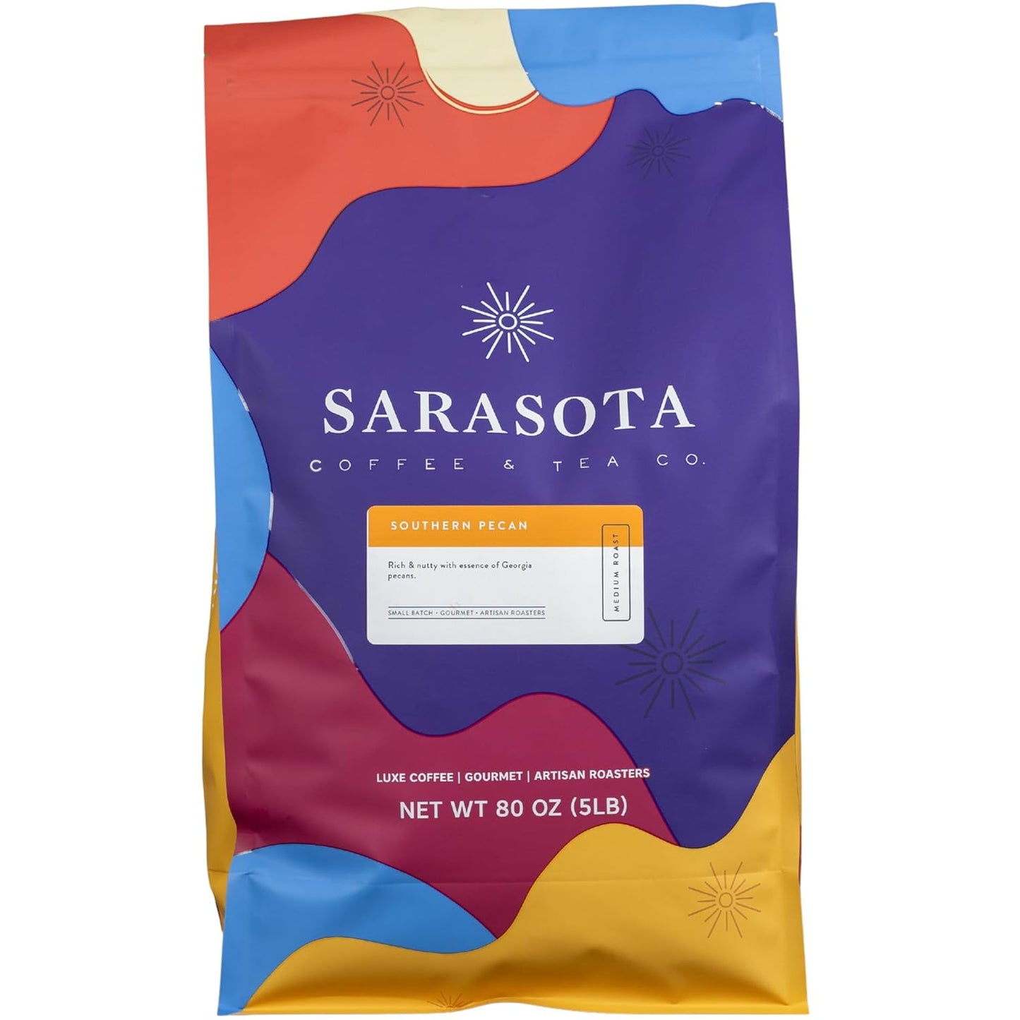 Sarasota Coffee Whole Bean Southern Texas Butter Pecan | Medium Roast Gourmet Flavored Coffee Beans | Low Acid, Mold Free, Specialty Grade Bulk Beans | 5lb (80 oz)