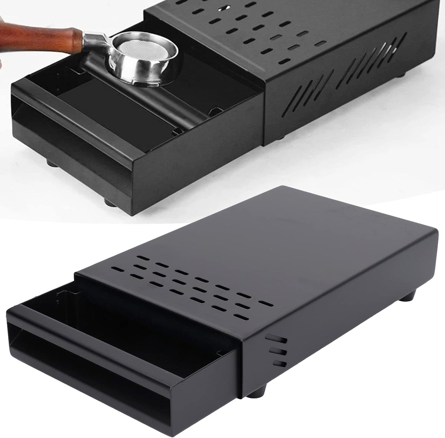 Coffee Knock Box Drawer, Stainless Steel Thickened Coffee Machine Grinder Discarded Coffee Grounds Coffee Powder for Coffee Shop Restaurant Home Bar, 7.1 x 11 x 2 in (Black)
