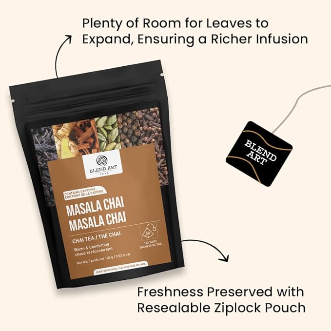 Blendart India's Original Masala Chai Tea bags 50 Count | Eco- Conscious Tea Bags | Premium Assam Black Tea | Ginger and Cardamom Flavour | Whole Loose leaf Tea bags | Indian Spiced Chai Tea Bags