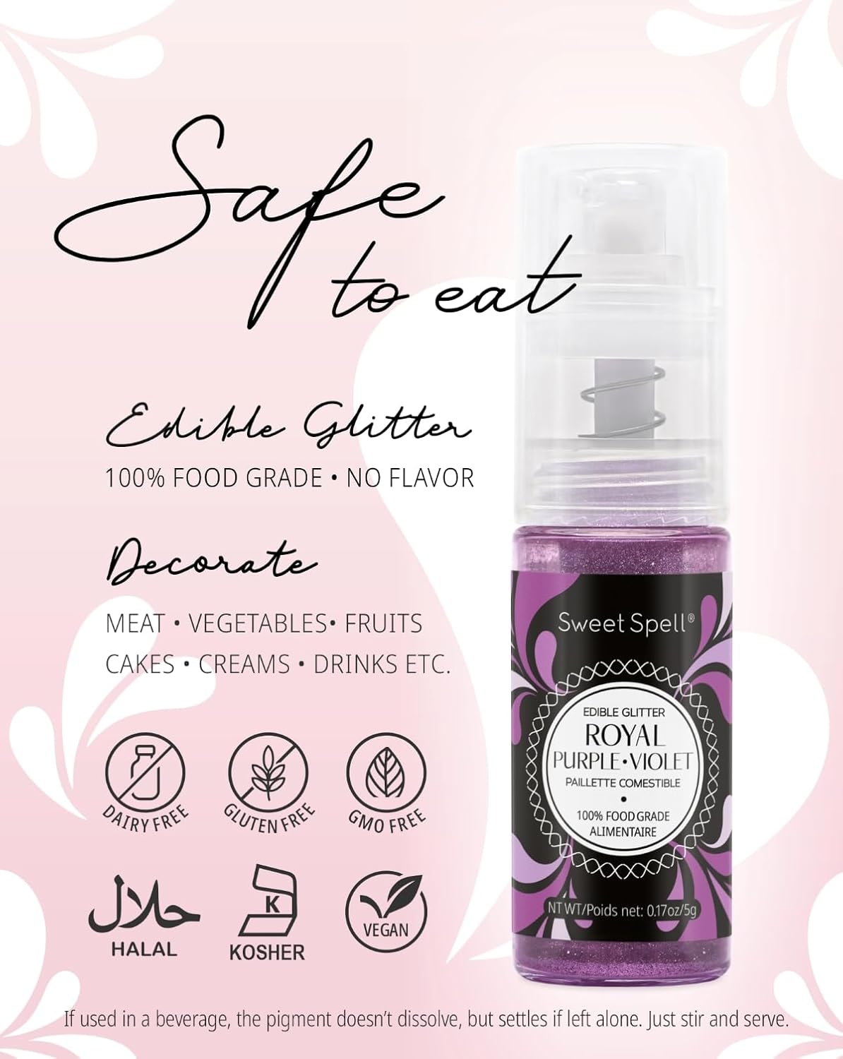 Sweet Spell Edible Cake Glitter Spray – Shimmering Magic for Cakes Decorating & Cocktails – 100% Edible, Food-Grade, Vegan, Gluten-Free (Purple)