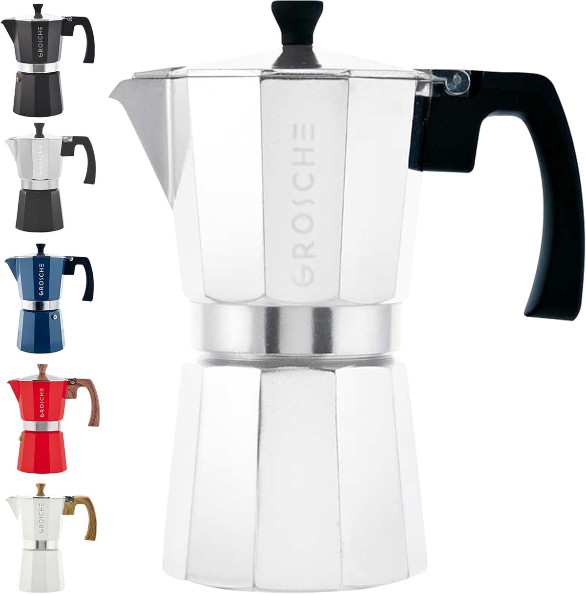 GROSCHE Milano Stovetop Espresso Maker Moka Pot 9 espresso cup, 15.2 oz, Silver Cuban Coffee Maker Stove top coffee maker Moka Italian espresso greca coffee maker brewer percolator