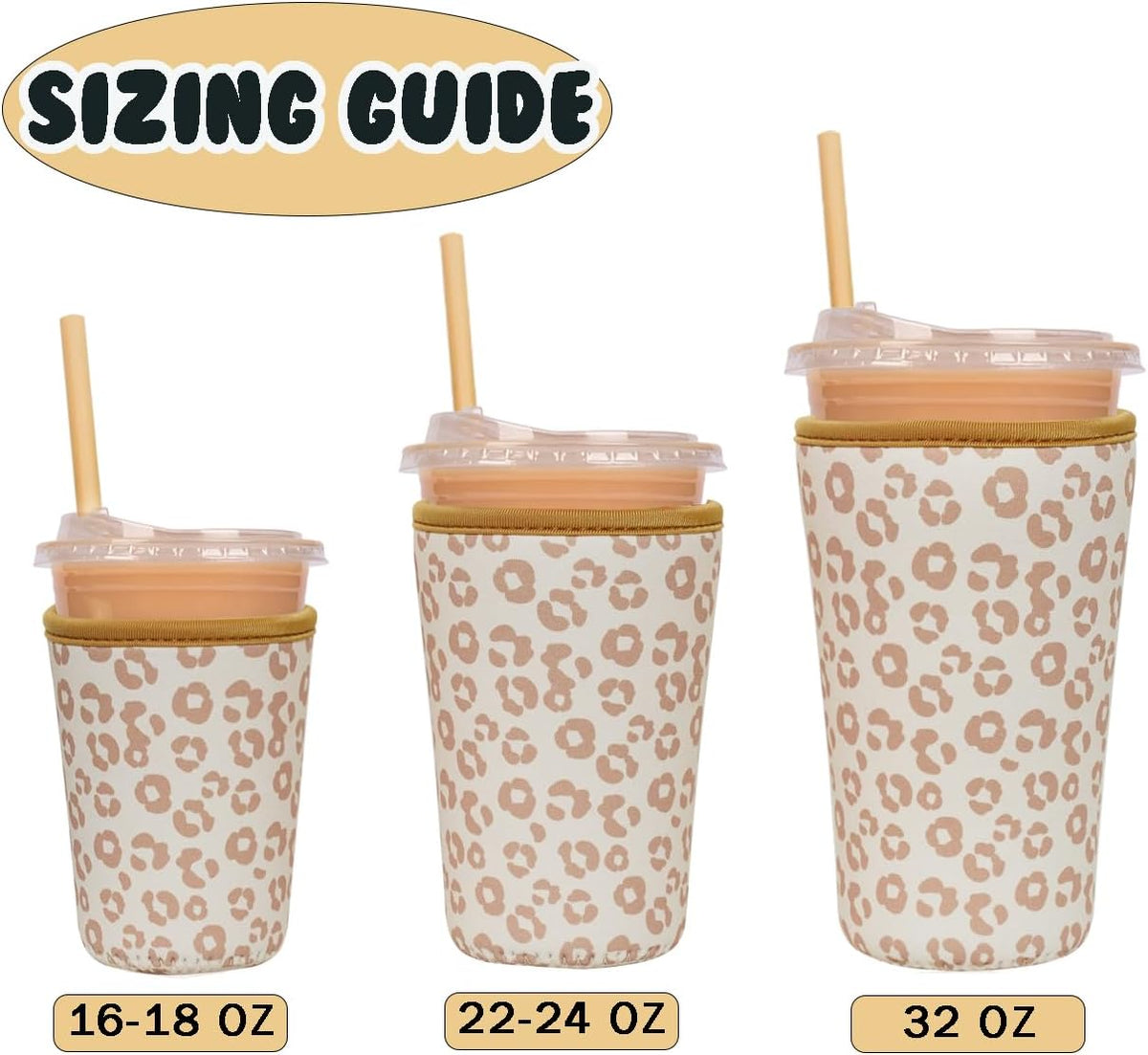 Reusable Insulated Neoprene Iced Coffee Cup Sleeve, Durable Drink Sleeve for Cold Beverages, Beverage Holder for Iced Coffee, Leopard Grace