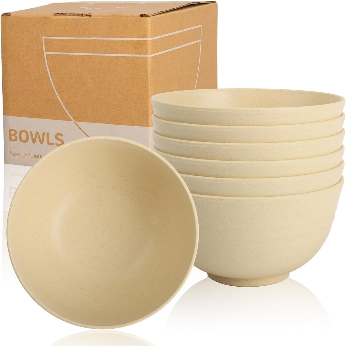 6-piece Wheat Straw Bowls sets 26oz,Alternative Plastic Bowls Reusable for indoors and outdoors,Microwave-able and Dishwasher Safe Bowls Sets Easy to Clean.Beige Series