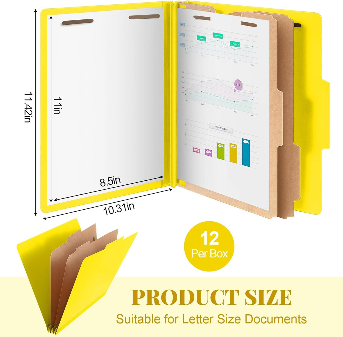 12 Pcs Classification Folders Letter Size Bulk - 2 Dividers Pressboard File Folder with 3. 5 Inch Expansion, 2 Prongs Fastener, Heavy Duty Office File Organizer for Teacher Medical (Yellow)