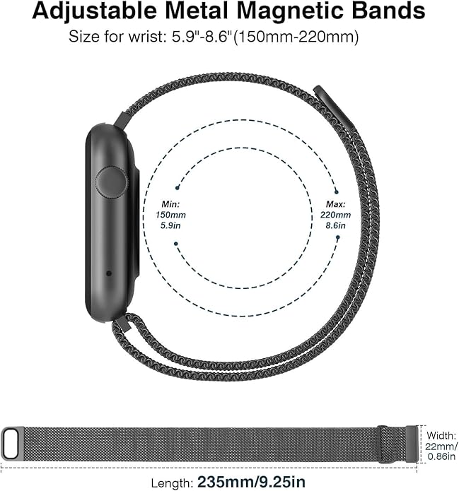 22mm Magnetic Stainless Steel Smartwatch Bands – Quick Release Milanese Loop Replacement Strap for Men Women – Stylish, Adjustable, Anti-Snag Edge, Comfortable Fit, Compatible with Smartwatches