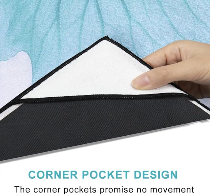 QiyI Yoga Towel with Travel Bag, Microfiber Mat-Sized Hot Yoga Towels, Non Slip Blanket with Corner Pockets, Quick Dry Mat Towel for Bikram, Pilates, Fitness - 70"x26", Pebbles & Blue White Flowers