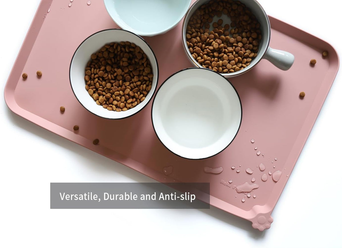Hoki Found L Silicone Non Slip Pet Food Mats - Placemat for Dog Cat - Waterproof Dog Cat Food Mats - Carpet Friendly - Neutral Pink