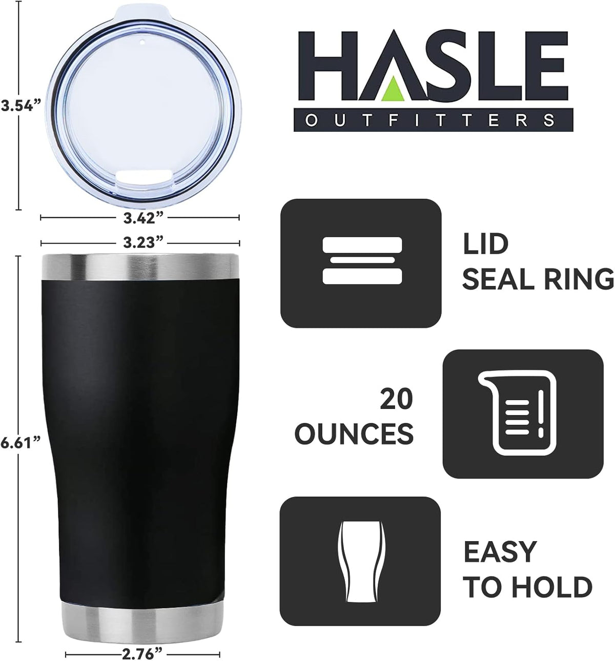 HASLE OUTFITTERS 20 oz Tumbler Bulk, Stainless Steel Tumblers with Lid, Vacuum Insulated Tumbler, Double Wall Tumbler Cup, coffee mugs, Black, 1 Pack