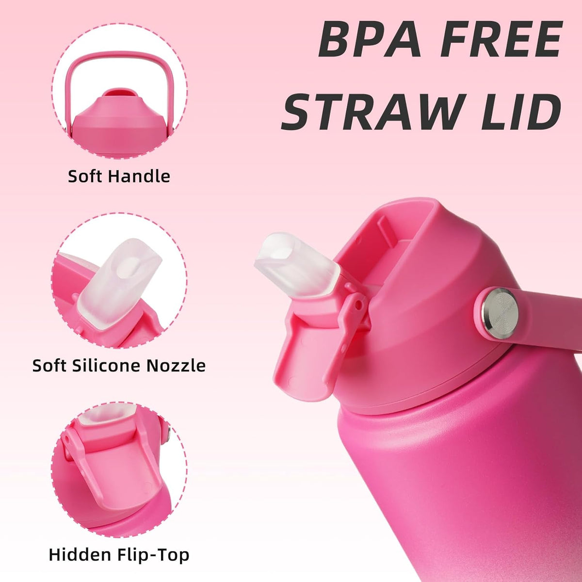 BJPKPK Water Bottle with Straw Lid, 24oz Vacuum Insulated Water Bottles, Metal Stainless Steel Thermos for Sports, Travel, BPA Free Leak Proof Thermos, Cups, Flasks, Tumblers,Cherry