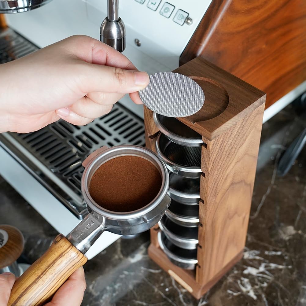 watchget 58mm Espresso Filter Basket Stand, Walnut Wooden Storage Holder for 6Pcs Coffee Baskets and Puck Screens - Espresso Machine Accessories Coffee Station Organizer Rack