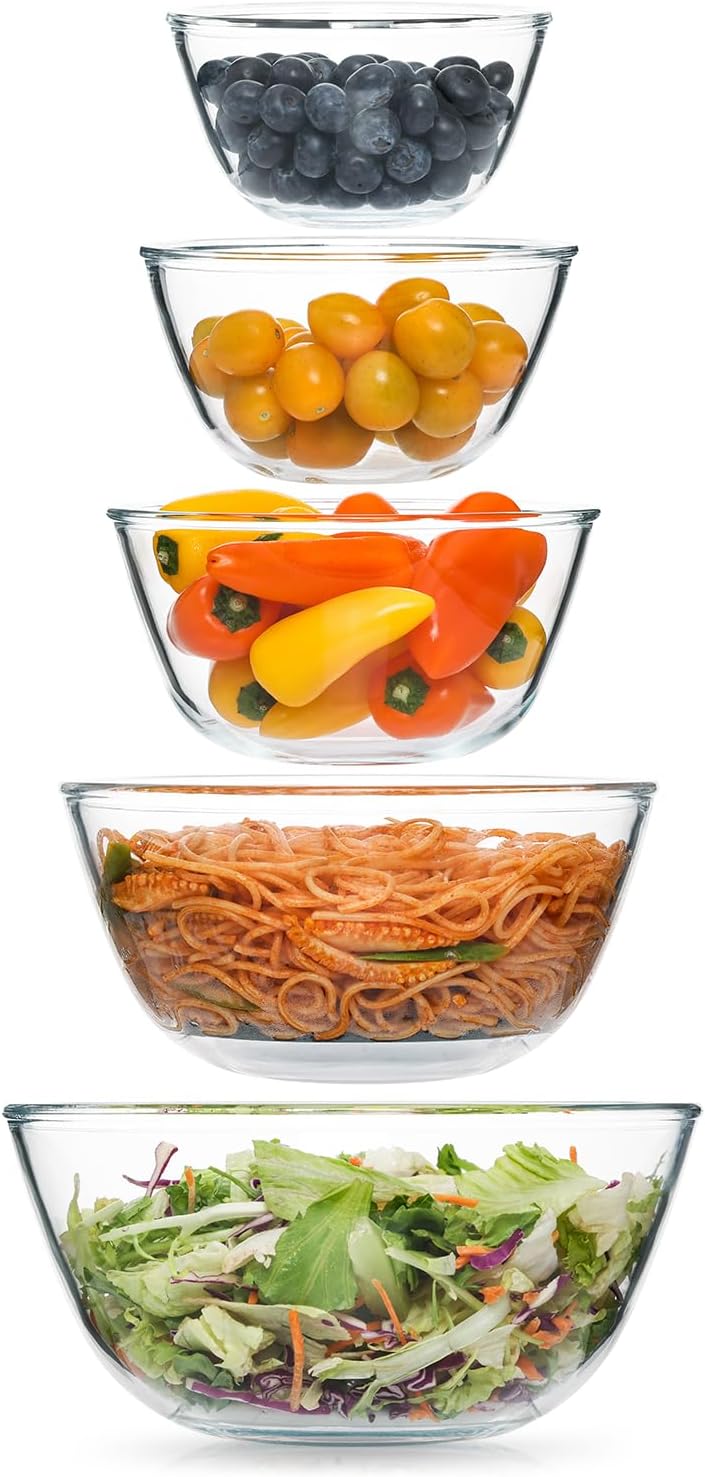 5pc Glass Mixing Bowls Sets (4.65QT, 2.80QT, 1.64QT, 1.16QT, 0.85QT), Glass Nesting Kitchen Thick Bowl for Baking, Cooking Prep, Storage, Large Salad Bowls Sets-Dishwasher Microwave Freezer Safe