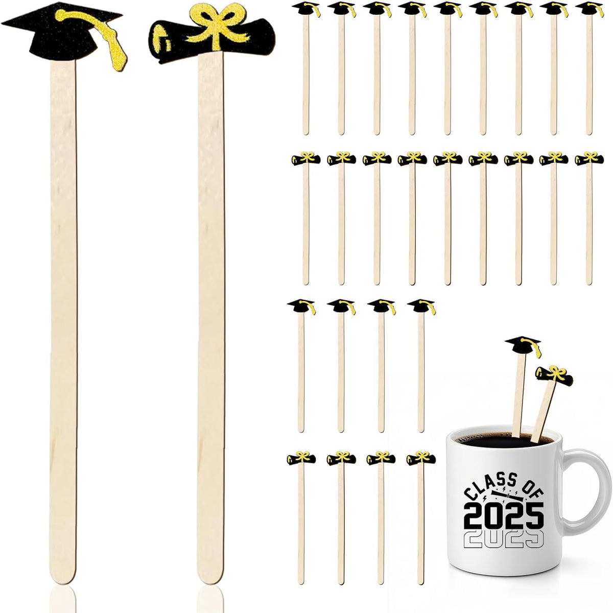120Pcs Graduation Coffee Stirrers Grad Black Hat Diploma Disposable Stir Sticks Wooden Drink Stirrers for Home Office Bar Restaurant Party Supplies