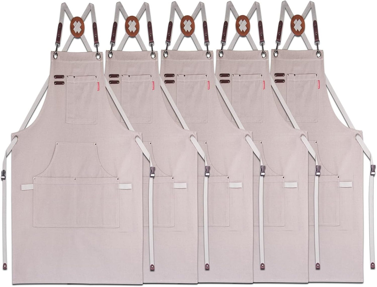 5 Pack Kitchen Apron, Work Apron, Canvas, Multiple Pockets, Gardening, Painting, BBQ, Artist, Carpenter, Sizes M to XXL, Grey