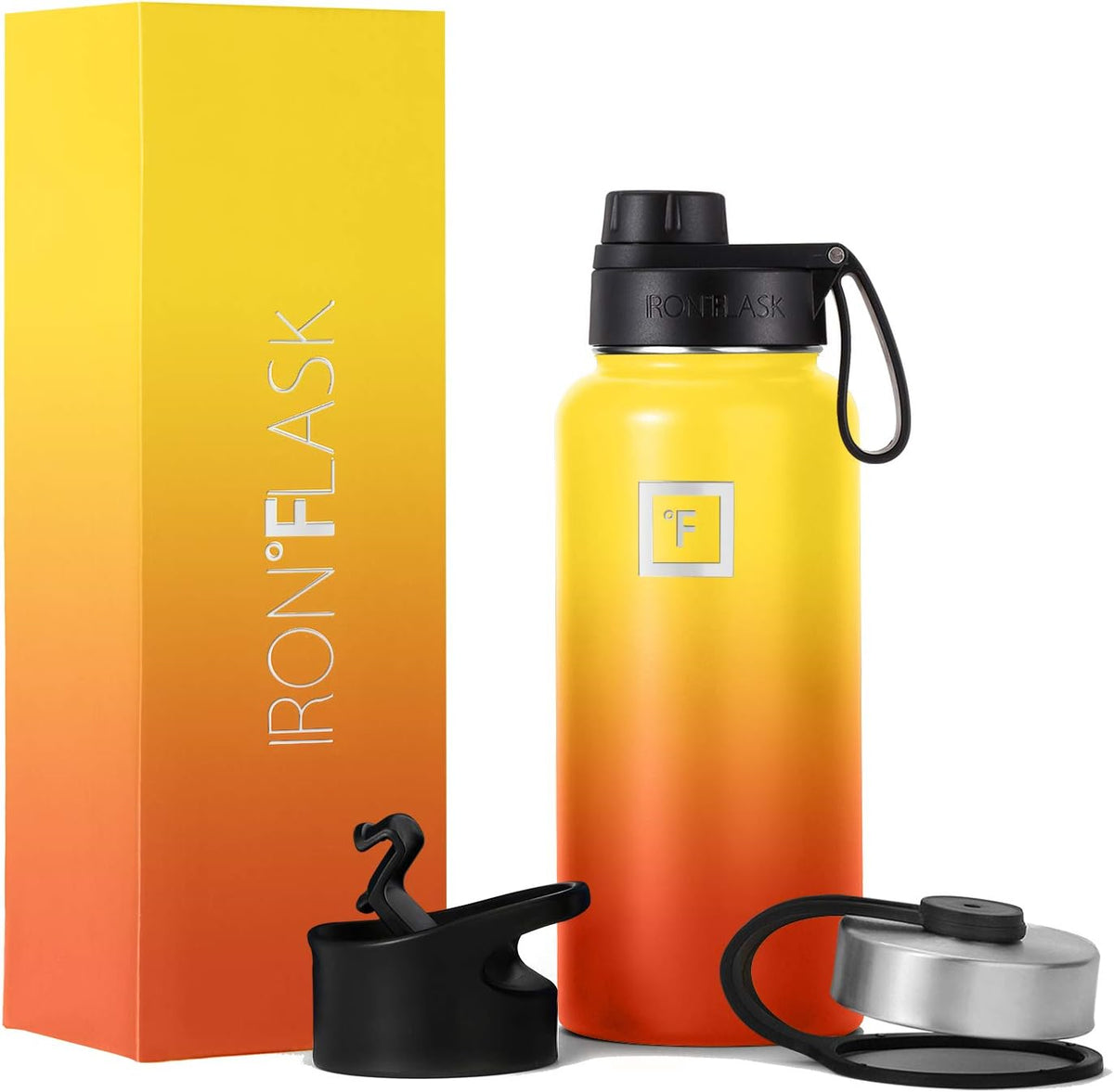 IRON °FLASK Camping & Hiking Hydration Flask with 3 Lids - Stainless Steel, Double Walled & Vacuum Insulated Water Bottle - Leak Proof & BPA Free (Fire, Spout - 32 oz)