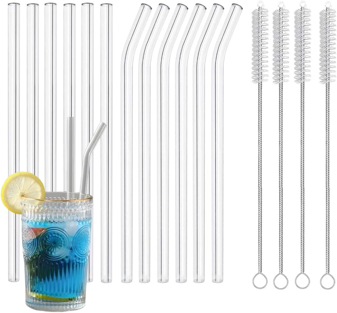 16 Pack Reusable Glass Straws,SIZE(8.5''x10 MM)，Set of 6 Straight and 6 Bent with 4 Cleaning Brush,Perfect for Smoothies,Tea, Juice