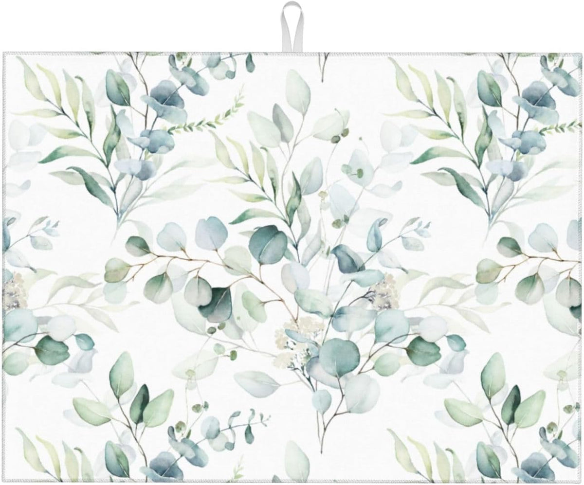 Sage Green Leaves Dish Drying Mat 18x24 inch for Kitchen Counter Watercolor Herbs Plant Kitchen Drying Mats Dishes Pad Absorbent Fast Dry Dish Draining Mats Large Kitchen Accessories