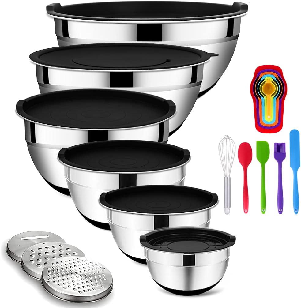 Mixing Bowls Set with Airtight Lids, 20PCS Stainless Steel, Nesting Bowls with 3 Grater Attachments & Non-Slip Bottoms, Size7, 4, 3, 2, 1.5, 1QT Bowls for Baking&Prepping