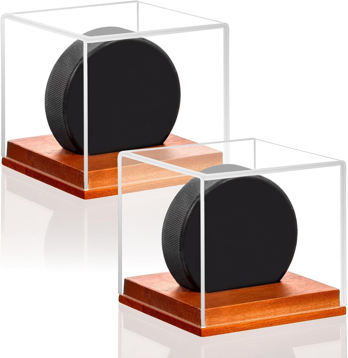 Hockey Puck Display Case, Pucks Display Cases with Wooden Base, Acrylic Clear Box - Hockey Memorabilia Storage Holder, for Enthusiasts & Collectors & Fans (2 Pack, Square)