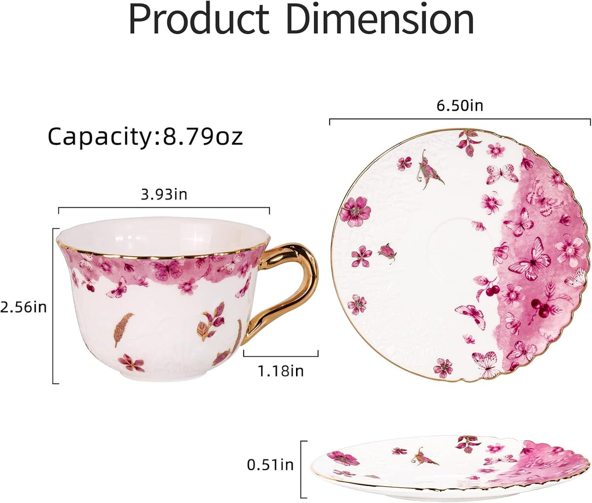 KAMMAK Tea Cups and Saucers Set of 2, Reinforced Porcelain Coffee Cups, 8.5-Ounce Stackable Espresso Mugs, Ceramic Demitasse for Coffee, Cappuccino, Latte, Americano, Tea, Colorful + Butterfly