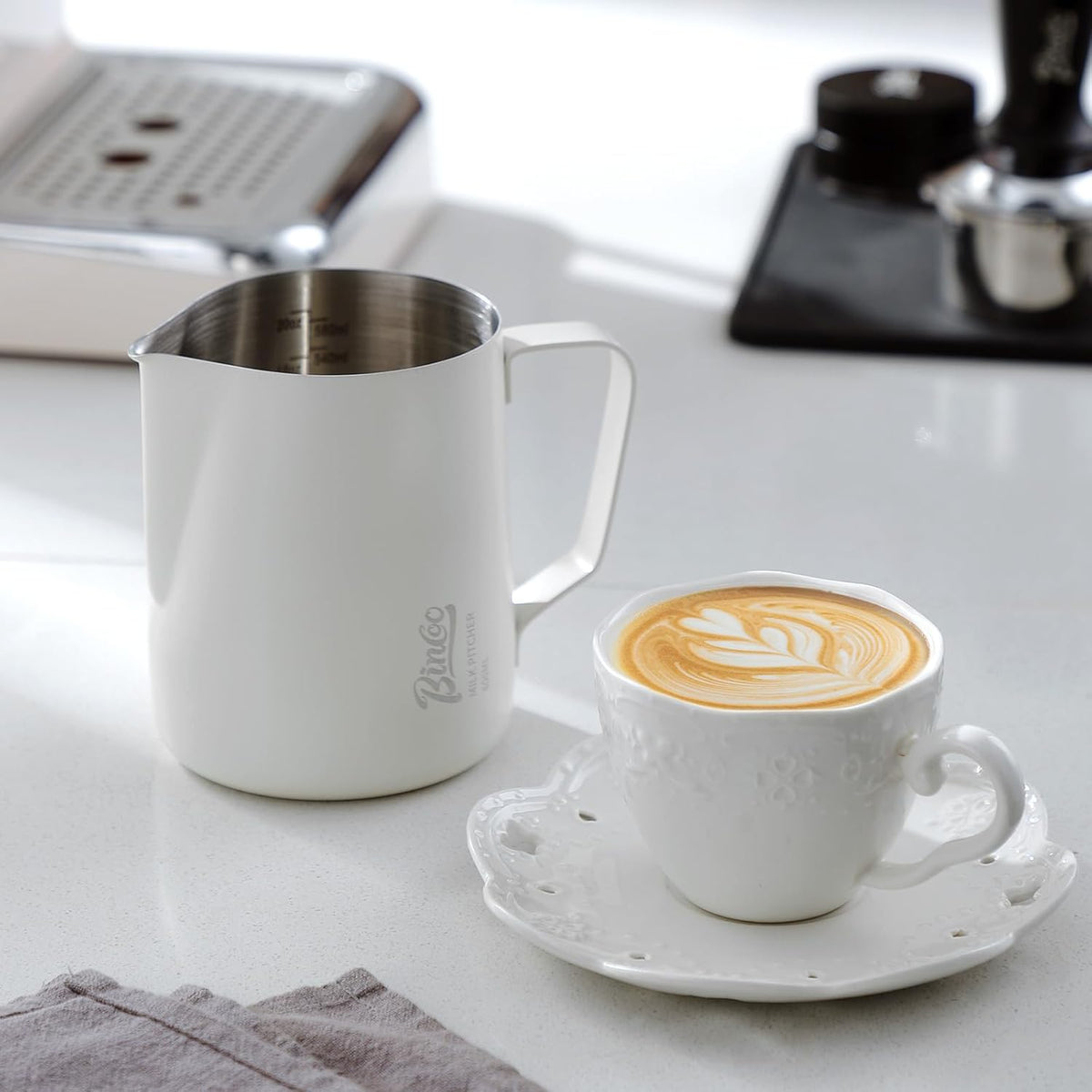 Milk Frothing Pitcher - 350ml Milk Frother Cup for Latte Art, SUS 304 Stainless Steel, Barista-Grade Coffee Milk Jug with Measurement Markings & Precision Spout