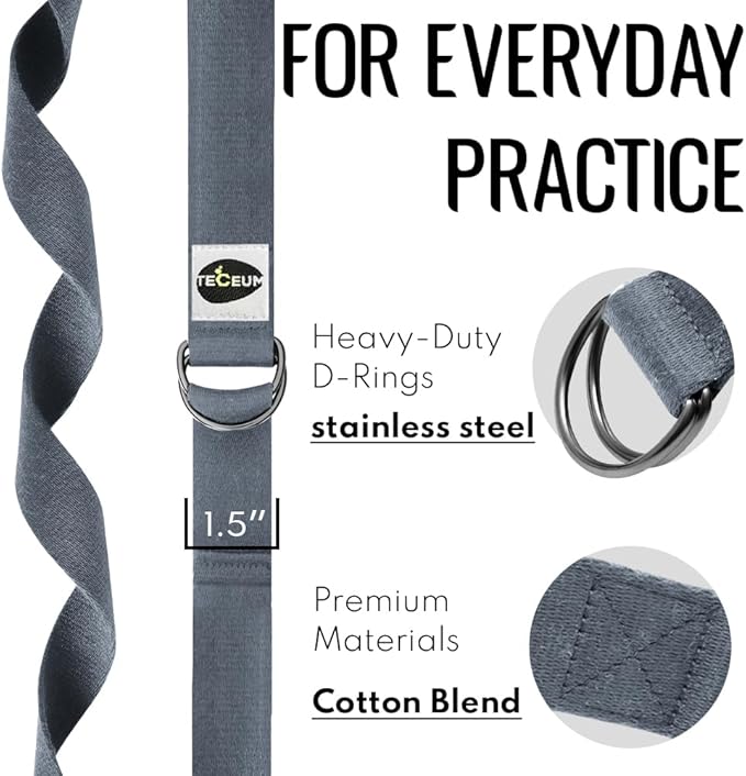 TECEUM Yoga Strap & Mat Strap – 2 IN 1 – Cotton – 6 ft 8 ft 10 ft (30+ colors) – Adjustable Non-Slip Belt for Yoga, Pilates, Stretching, Physical Therapy, Fitness & Home Workout – For Carrying Mats